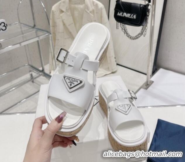 Best Grade Prada Rubber Platform Slide Sandals with Buckle White 030394