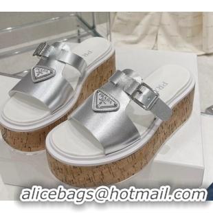 Perfect Prada Rubber Platform Slide Sandals with Buckle Silver 030395