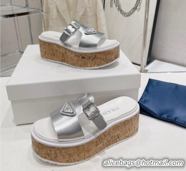 Perfect Prada Rubber Platform Slide Sandals with Buckle Silver 030395