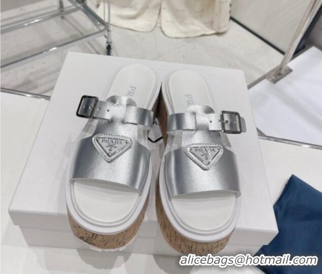 Perfect Prada Rubber Platform Slide Sandals with Buckle Silver 030395