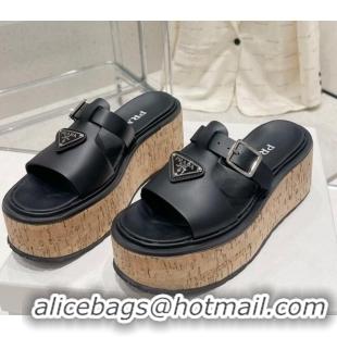 Low Price Prada Rubber Platform Slide Sandals with Buckle Black 30396