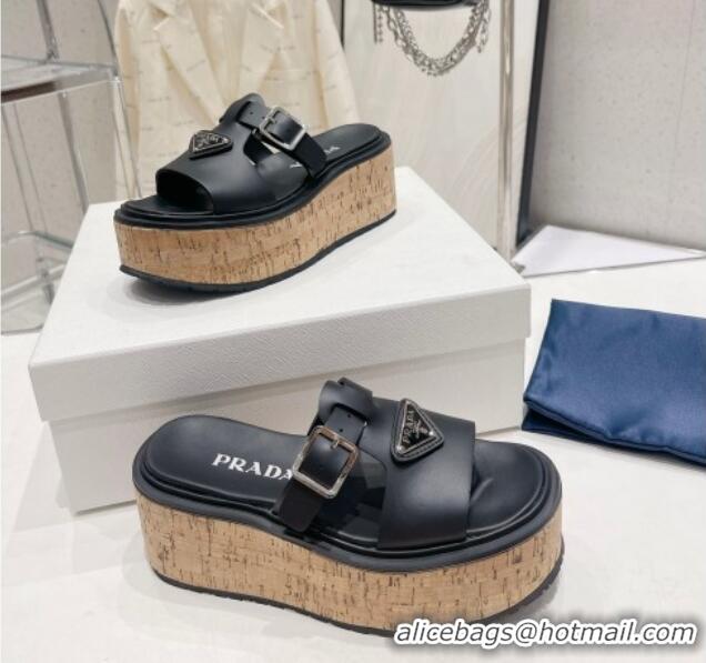 Low Price Prada Rubber Platform Slide Sandals with Buckle Black 30396