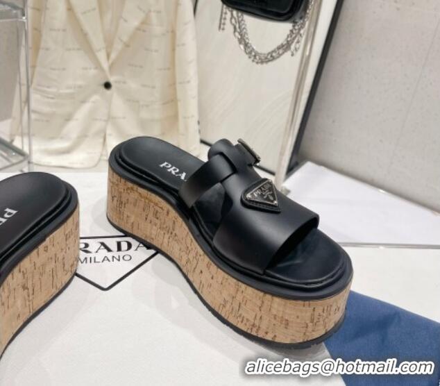 Low Price Prada Rubber Platform Slide Sandals with Buckle Black 30396