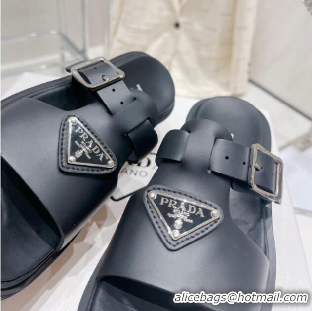 Low Price Prada Rubber Platform Slide Sandals with Buckle Black 30396