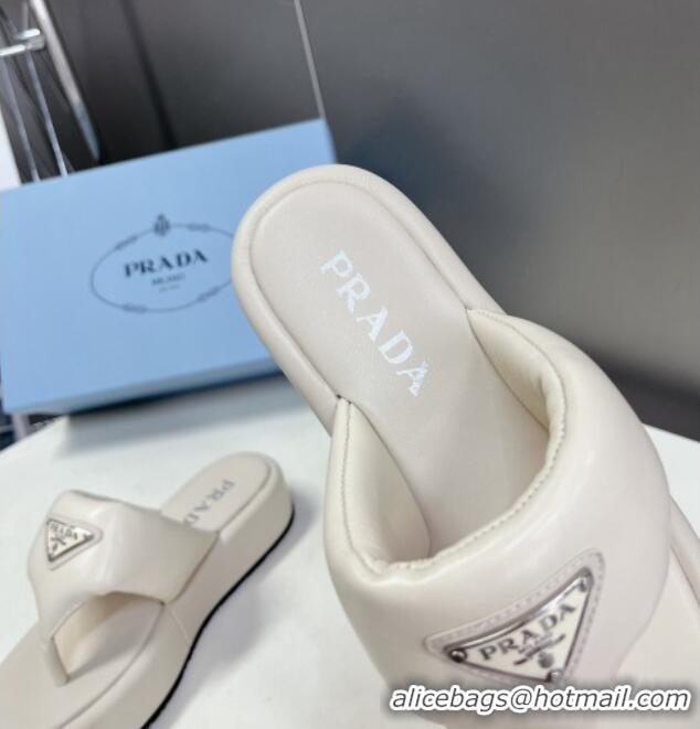 Good Quality Prada Soft Lambskin Platform Thong Sandals White 322084