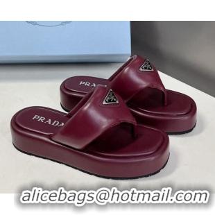 Stylish Prada Soft Lambskin Platform Thong Sandals Burgundy 0322085