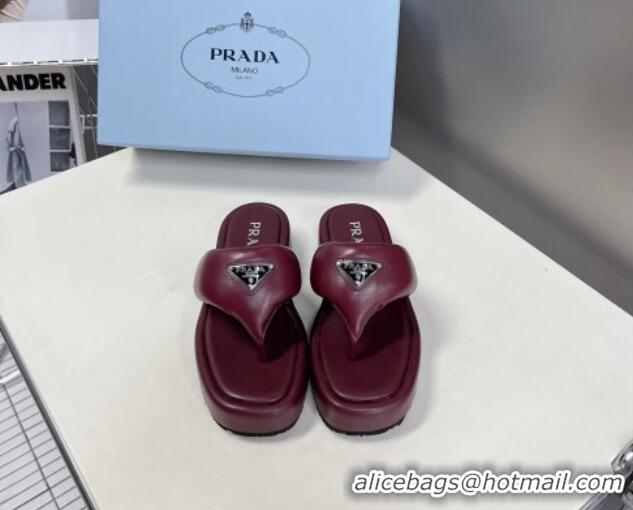 Stylish Prada Soft Lambskin Platform Thong Sandals Burgundy 0322085