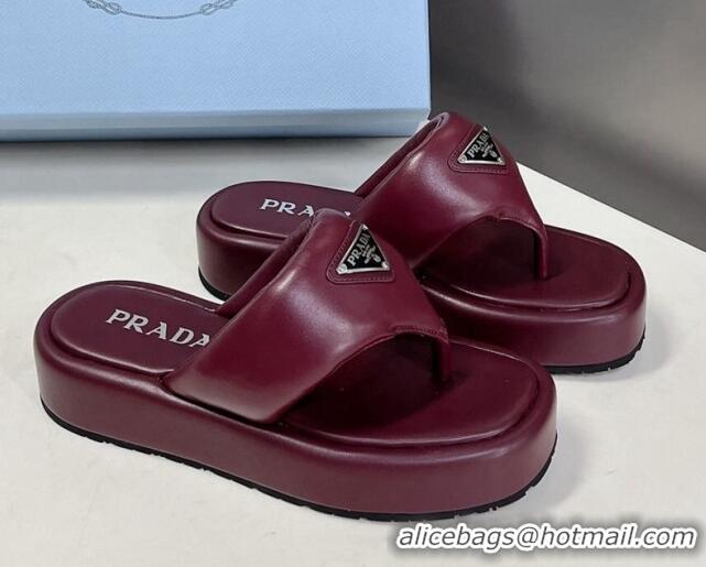 Stylish Prada Soft Lambskin Platform Thong Sandals Burgundy 0322085