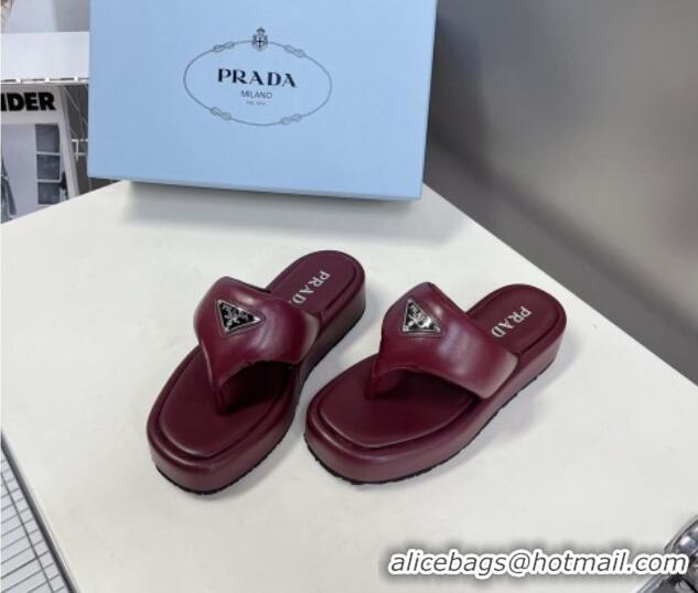 Stylish Prada Soft Lambskin Platform Thong Sandals Burgundy 0322085