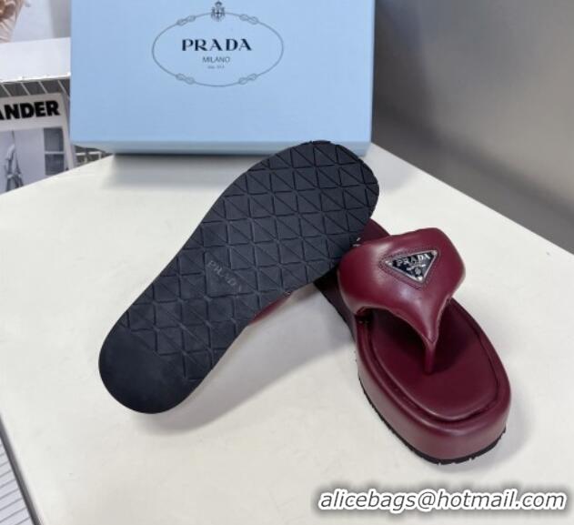 Stylish Prada Soft Lambskin Platform Thong Sandals Burgundy 0322085