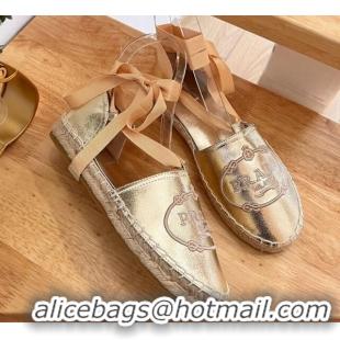 Sumptuous Prada Metallic Leather Flat Espadrilles with Laces Gold 0322088