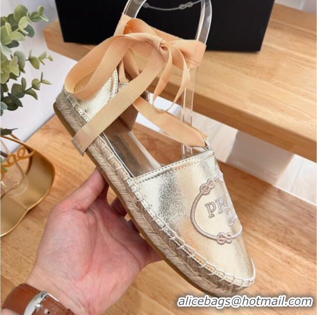 Sumptuous Prada Metallic Leather Flat Espadrilles with Laces Gold 0322088