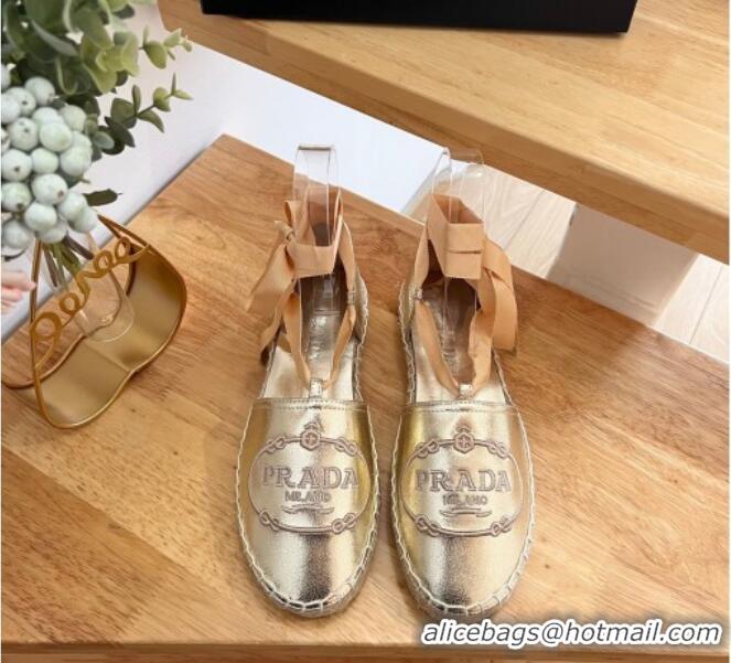 Sumptuous Prada Metallic Leather Flat Espadrilles with Laces Gold 0322088