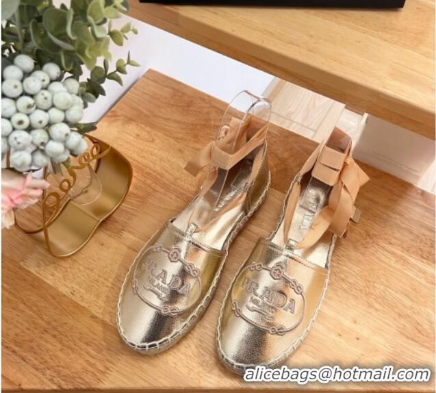 Sumptuous Prada Metallic Leather Flat Espadrilles with Laces Gold 0322088