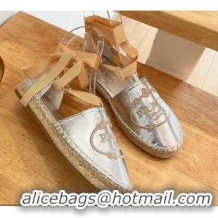 Good Quality Prada Metallic Leather Flat Espadrilles with Laces Silver 0322089