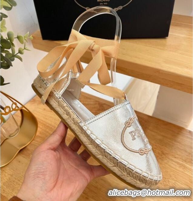 Good Quality Prada Metallic Leather Flat Espadrilles with Laces Silver 0322089