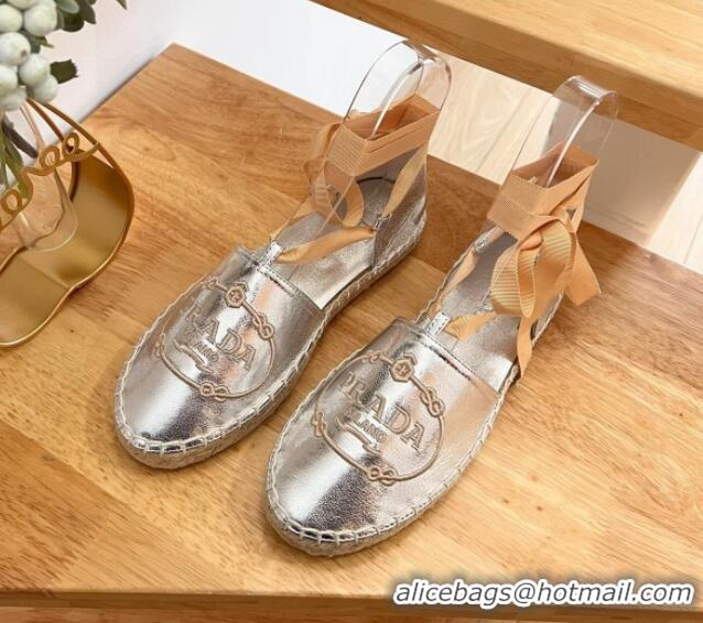 Good Quality Prada Metallic Leather Flat Espadrilles with Laces Silver 0322089