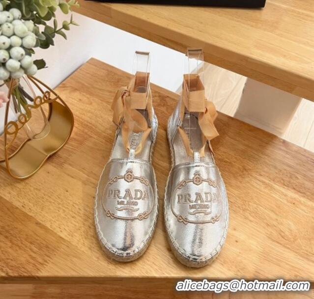 Good Quality Prada Metallic Leather Flat Espadrilles with Laces Silver 0322089