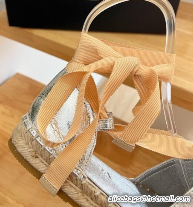 Good Quality Prada Metallic Leather Flat Espadrilles with Laces Silver 0322089