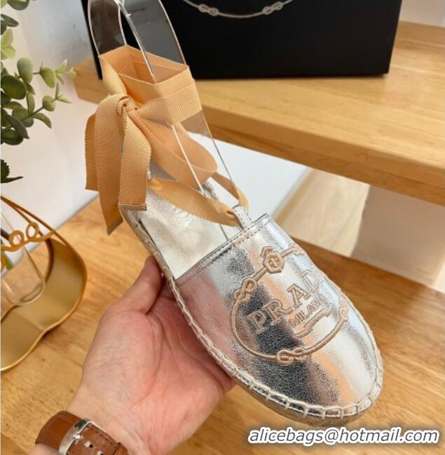 Good Quality Prada Metallic Leather Flat Espadrilles with Laces Silver 0322089