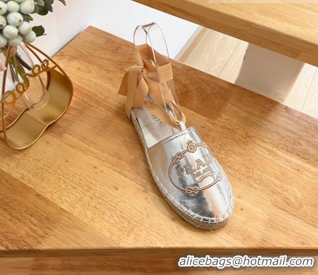 Good Quality Prada Metallic Leather Flat Espadrilles with Laces Silver 0322089