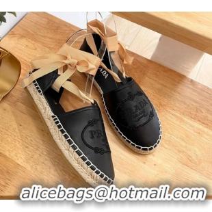 Perfect Prada Leather Flat Espadrilles with Laces Black 0322090