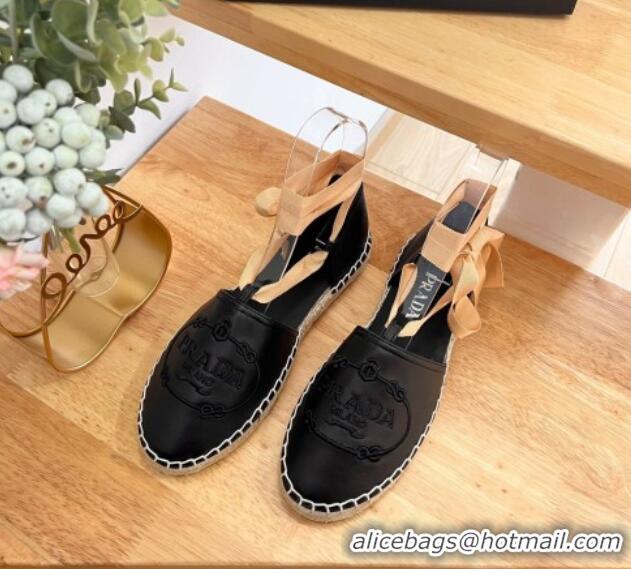 Perfect Prada Leather Flat Espadrilles with Laces Black 0322090