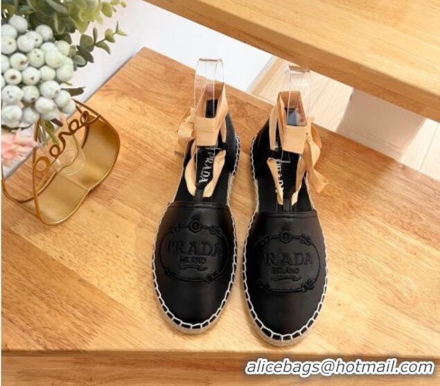 Perfect Prada Leather Flat Espadrilles with Laces Black 0322090