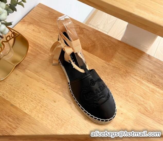 Perfect Prada Leather Flat Espadrilles with Laces Black 0322090