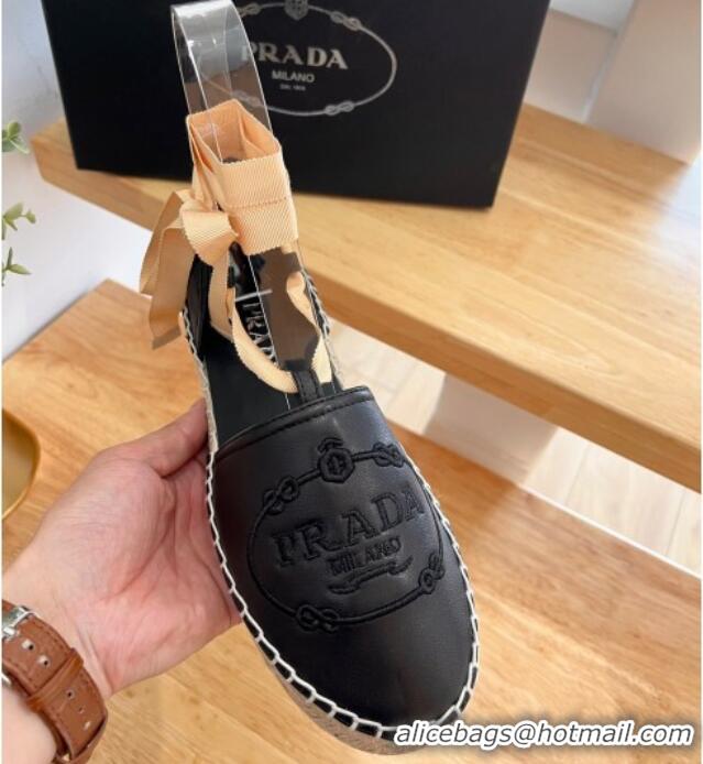 Perfect Prada Leather Flat Espadrilles with Laces Black 0322090