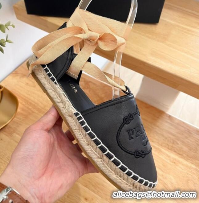 Perfect Prada Leather Flat Espadrilles with Laces Black 0322090