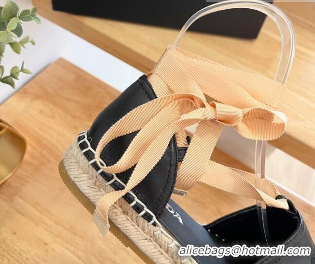 Perfect Prada Leather Flat Espadrilles with Laces Black 0322090