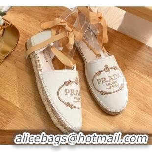 Luxury Prada Metallic Leather Flat Espadrilles with Laces White 0322091