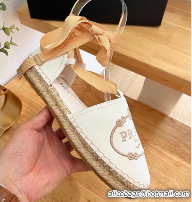 Luxury Prada Metallic Leather Flat Espadrilles with Laces White 0322091