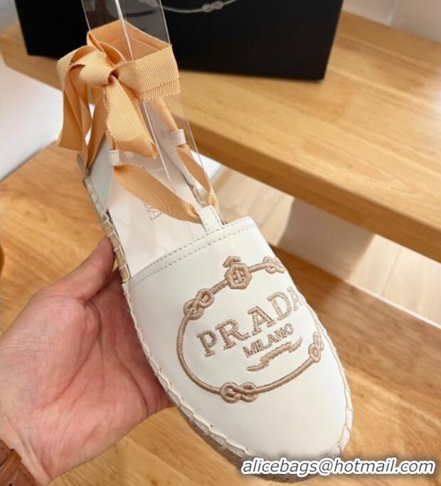 Luxury Prada Metallic Leather Flat Espadrilles with Laces White 0322091