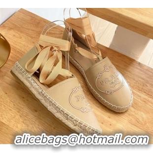 Pretty Style Prada Metallic Leather Flat Espadrilles with Laces Beige 322092