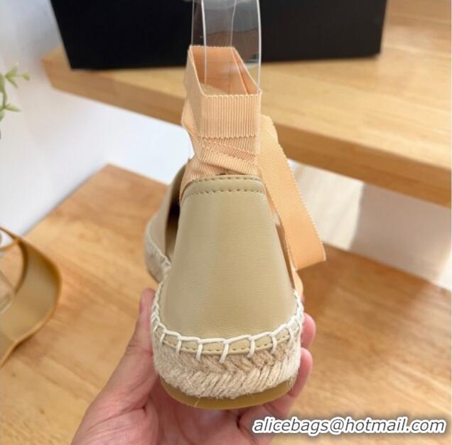 Pretty Style Prada Metallic Leather Flat Espadrilles with Laces Beige 322092