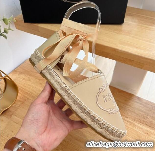 Pretty Style Prada Metallic Leather Flat Espadrilles with Laces Beige 322092