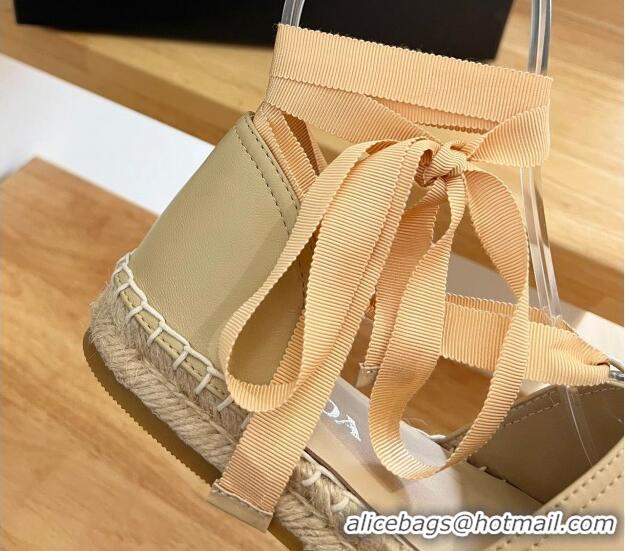 Pretty Style Prada Metallic Leather Flat Espadrilles with Laces Beige 322092