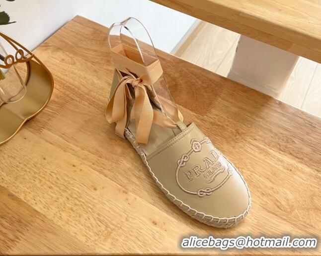 Pretty Style Prada Metallic Leather Flat Espadrilles with Laces Beige 322092