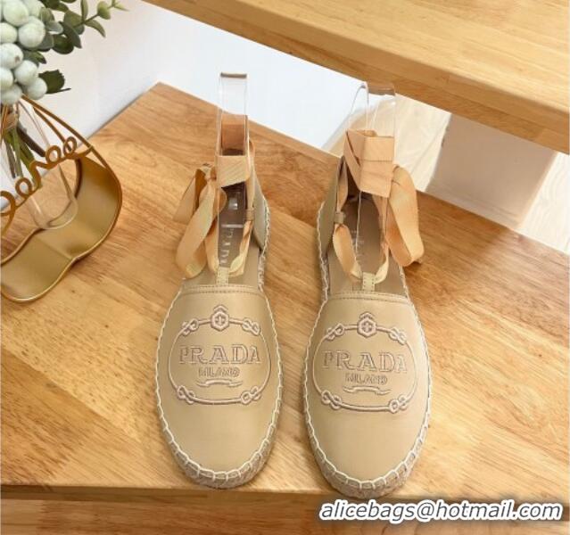 Pretty Style Prada Metallic Leather Flat Espadrilles with Laces Beige 322092