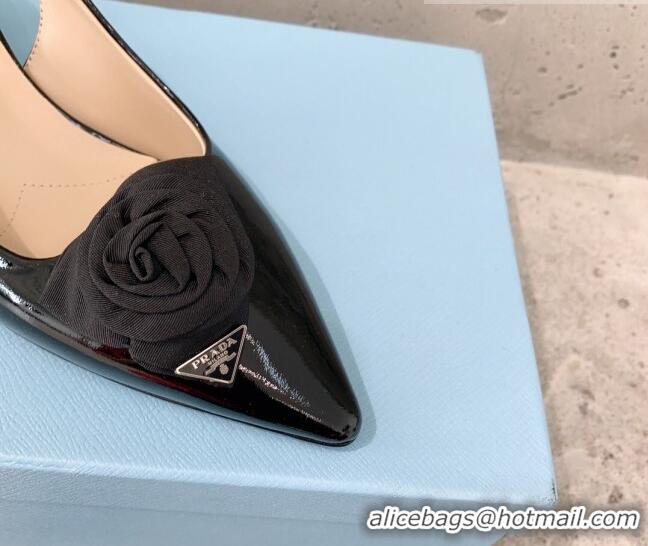 Low Price Prada Patent Leather Heel Slingback Pumps with Logo Bloom Black 322094