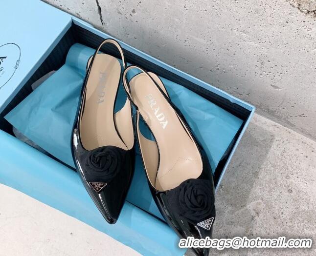 Low Price Prada Patent Leather Heel Slingback Pumps with Logo Bloom Black 322094