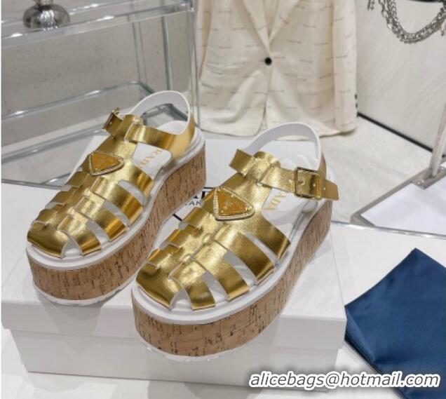 Top Grade Prada Foam Rubber Wedge Sandals Gold 353104