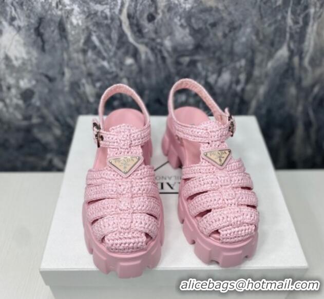 Durable Prada Monolith Crochet Cage Sandals 5.5cm Heel Pink 353118