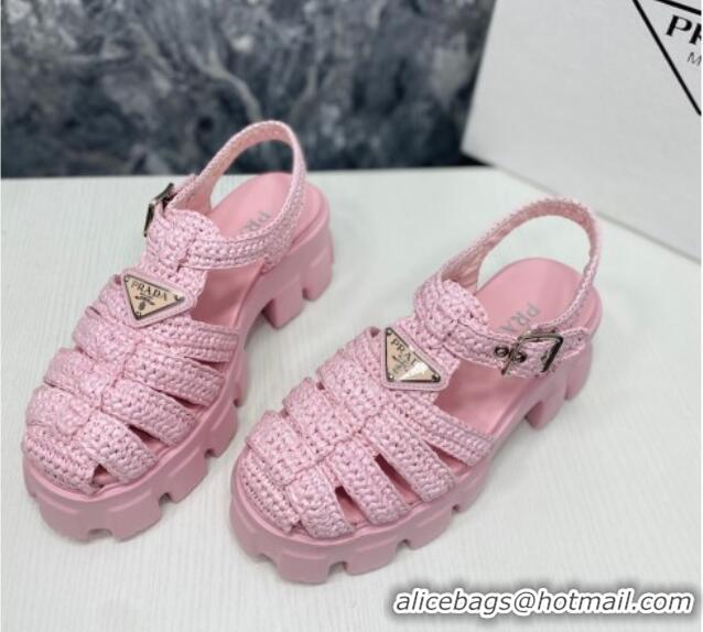 Durable Prada Monolith Crochet Cage Sandals 5.5cm Heel Pink 353118