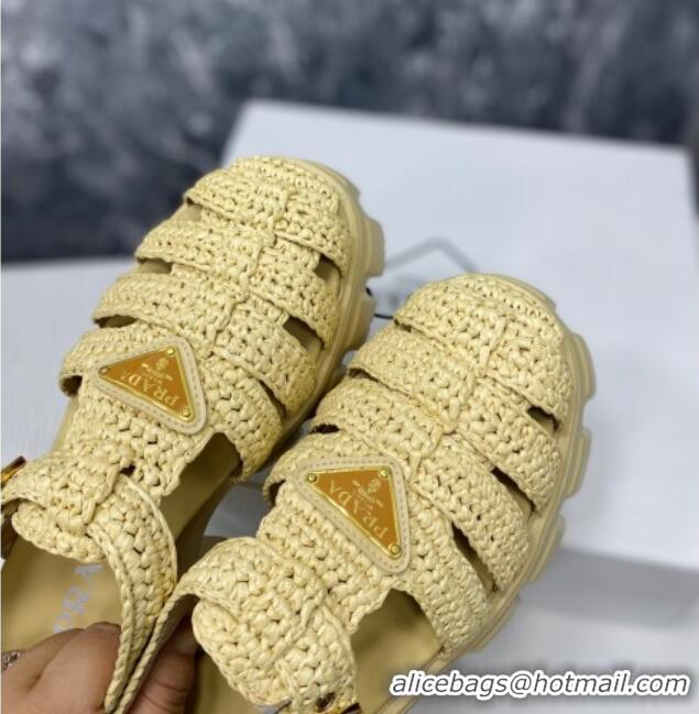 Unique Style Prada Monolith Crochet Cage Sandals 5.5cm Heel Beige 353119