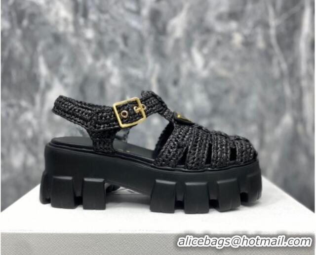 Good Looking Prada Monolith Crochet Cage Sandals 5.5cm Heel Black 353116