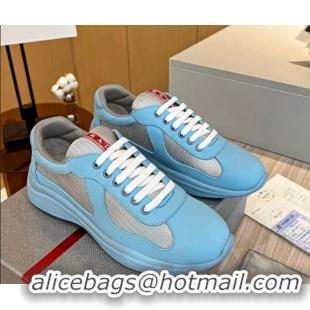 Grade Quality Prada Men's America's Cup Soft Rubber and Bike Fabric Sneakers Light Blue 609111