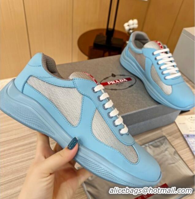 Grade Quality Prada Men's America's Cup Soft Rubber and Bike Fabric Sneakers Light Blue 609111